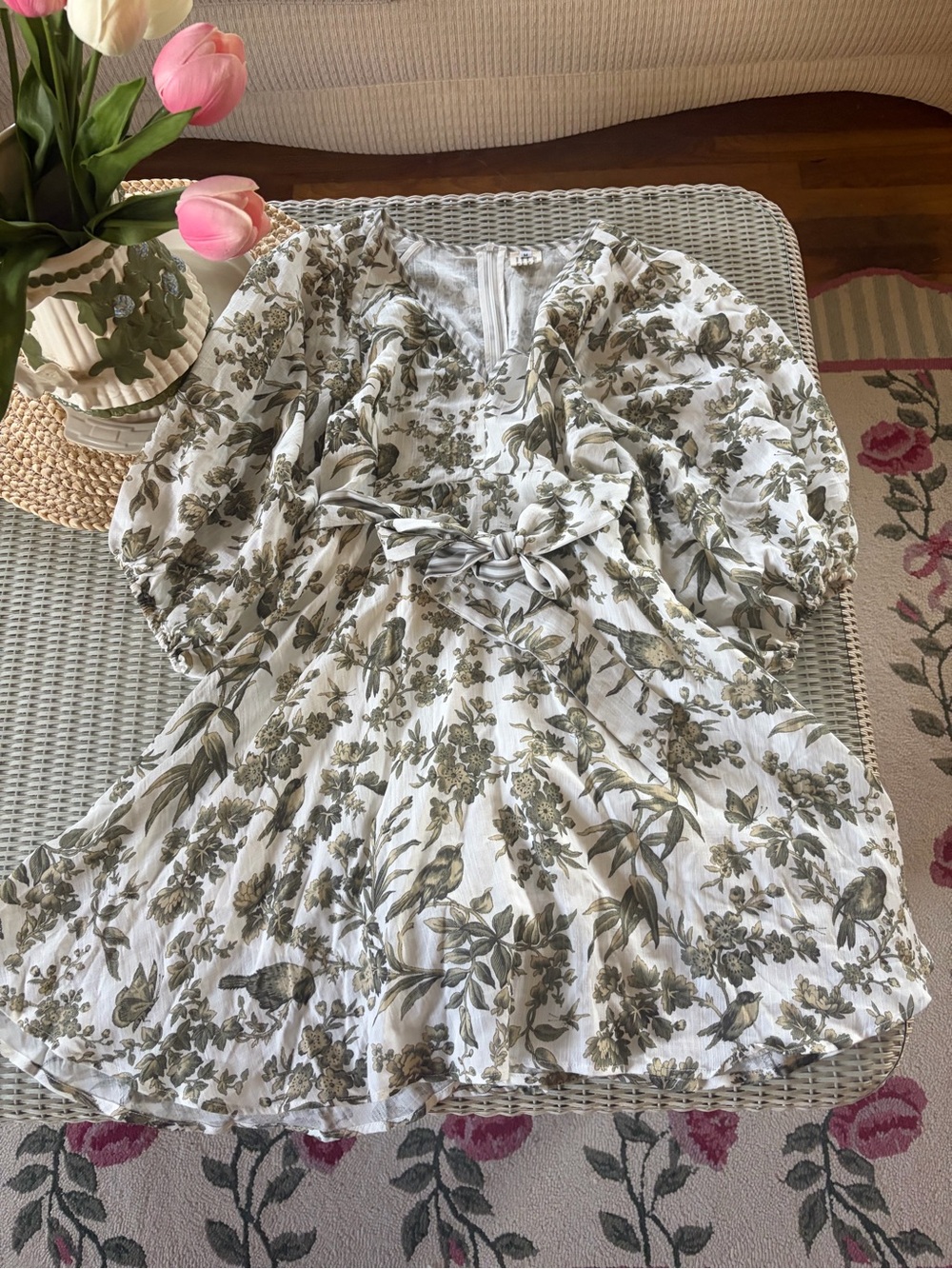 Soft Joie White Mini Dress with Olive Botanical Print and Puff Sleeves